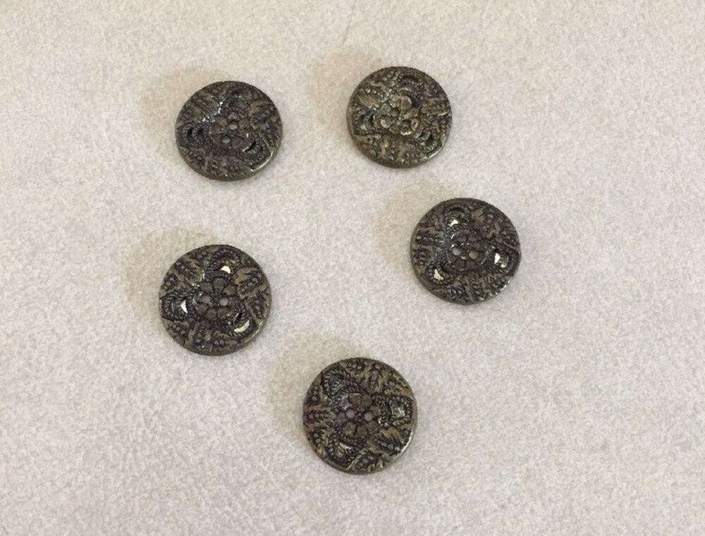 Lot 5 Vtg Mid Century Art Deco Floral Round Pewter Metal Two Hole Buttons 1.25cm
